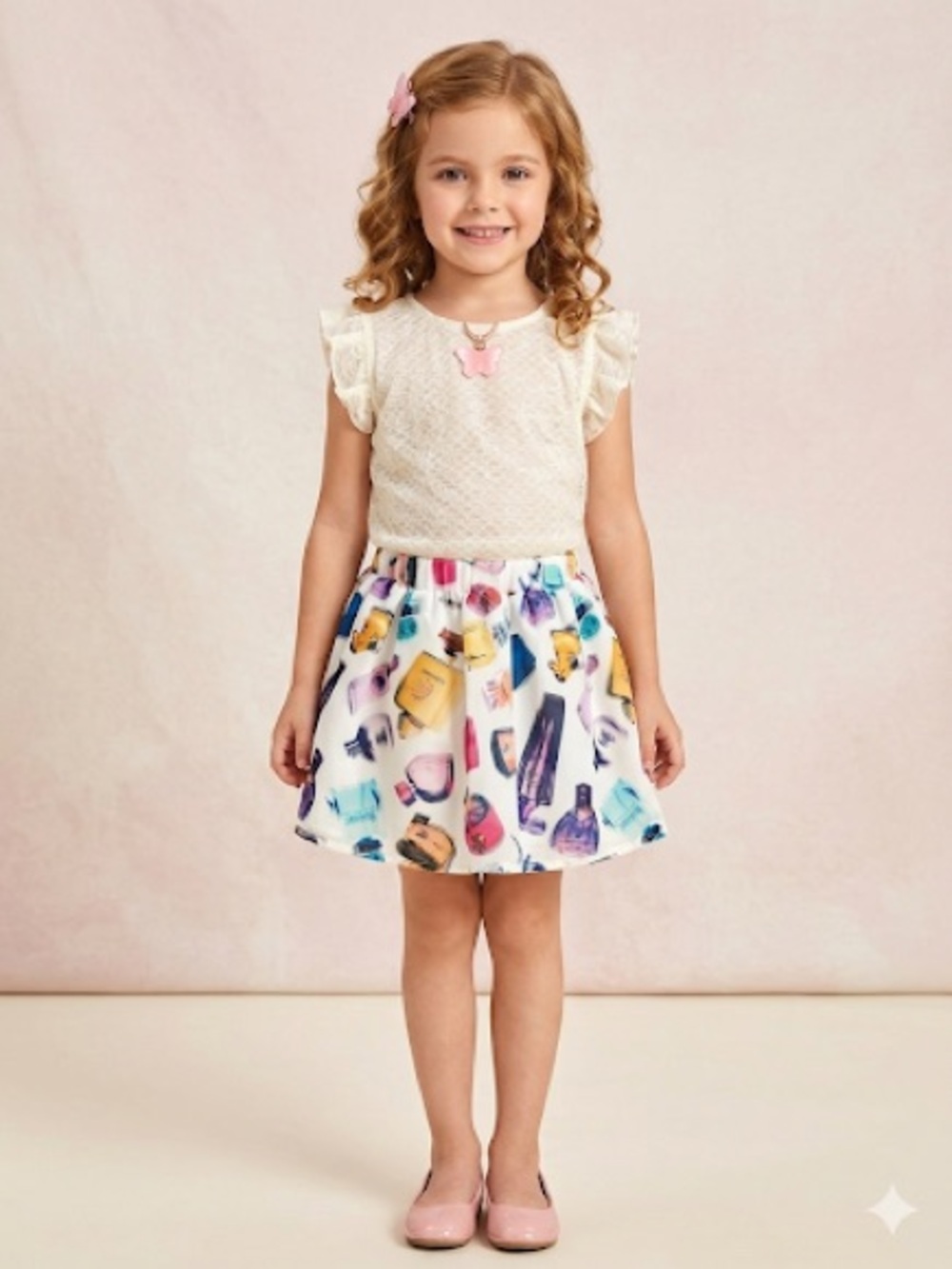Girls White Skirt with Colorful Makeup Print